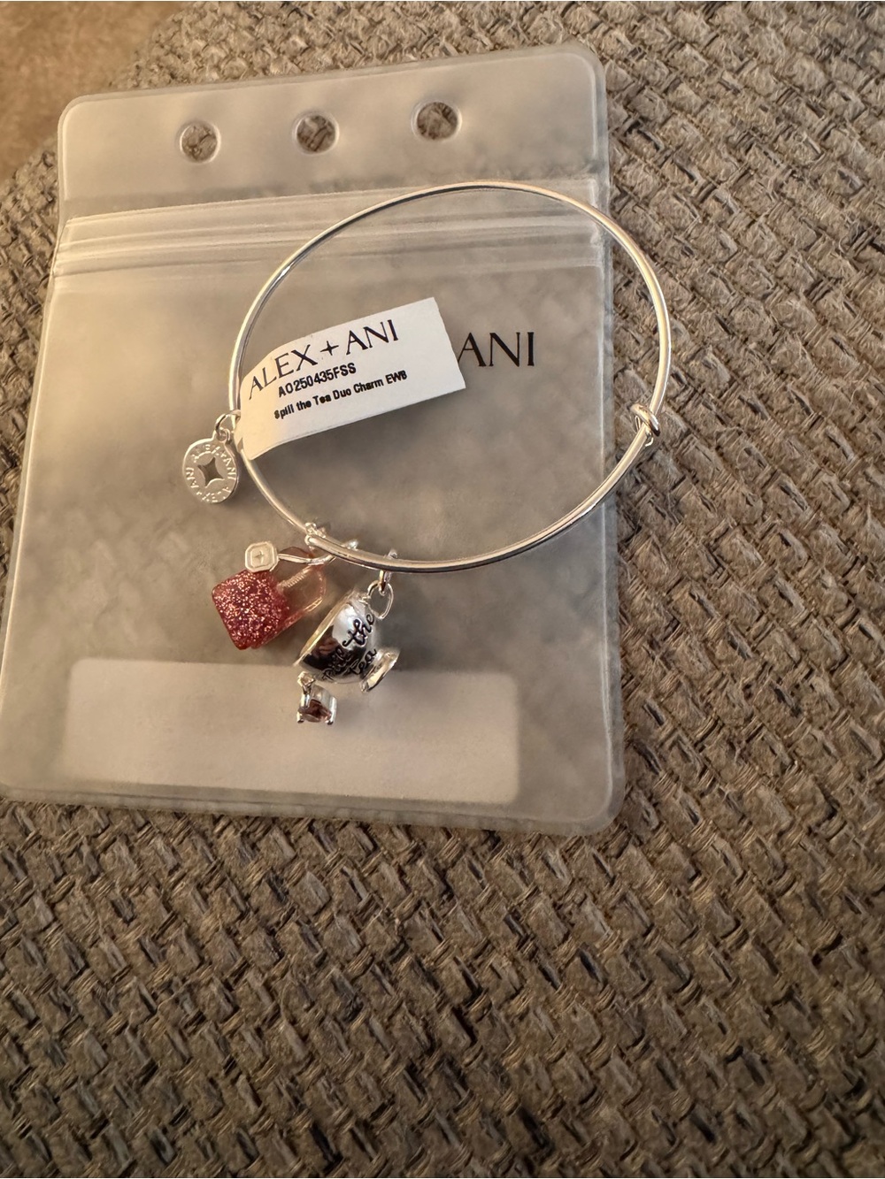 Alex and Ani Silver  “Spill the Tea” Bangle with Pink Accent Charm and teacup